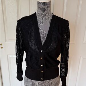 Cache Black Lace Knit Button-Front Cardigan